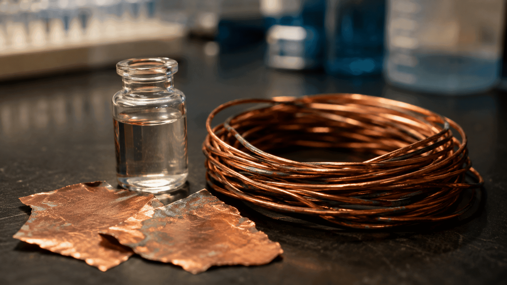 Copper wire and oxidised copper foil beside a glass sample vial on a laboratory bench, representing GHK-Cu peptide research.